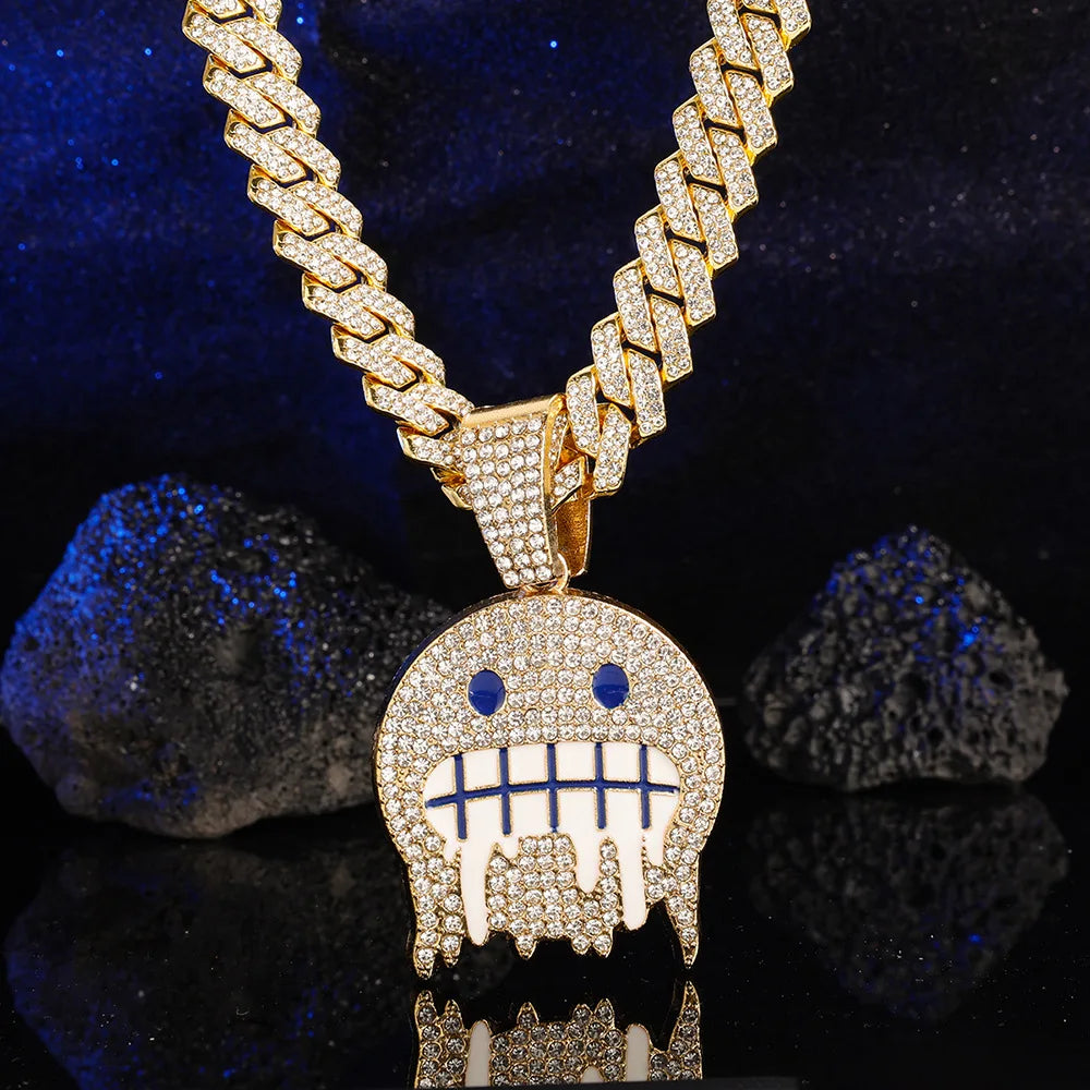 White Blue Cubic Pendants Necklaces Cuban Chain Iced Out