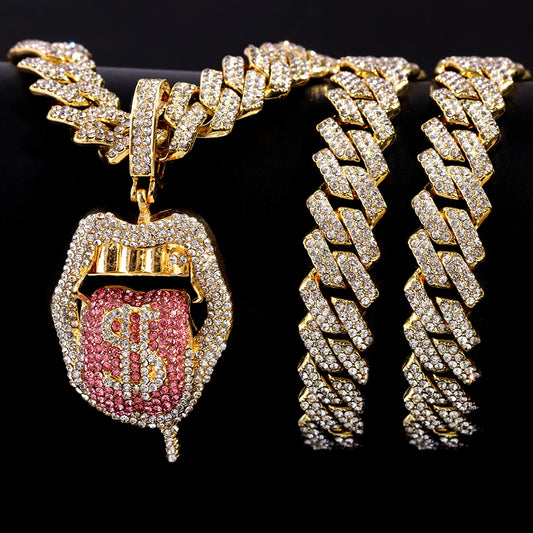 Dollar Tongue Necklace Cuban Chain Iced Out