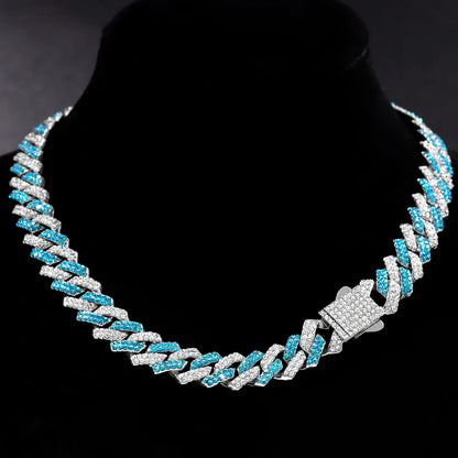 New Hiphop Blue Prong Cuban Chain Necklace Iced Out Bling Rhinestone Paved Rhombus Rapper Necklace Fashion Jewelry